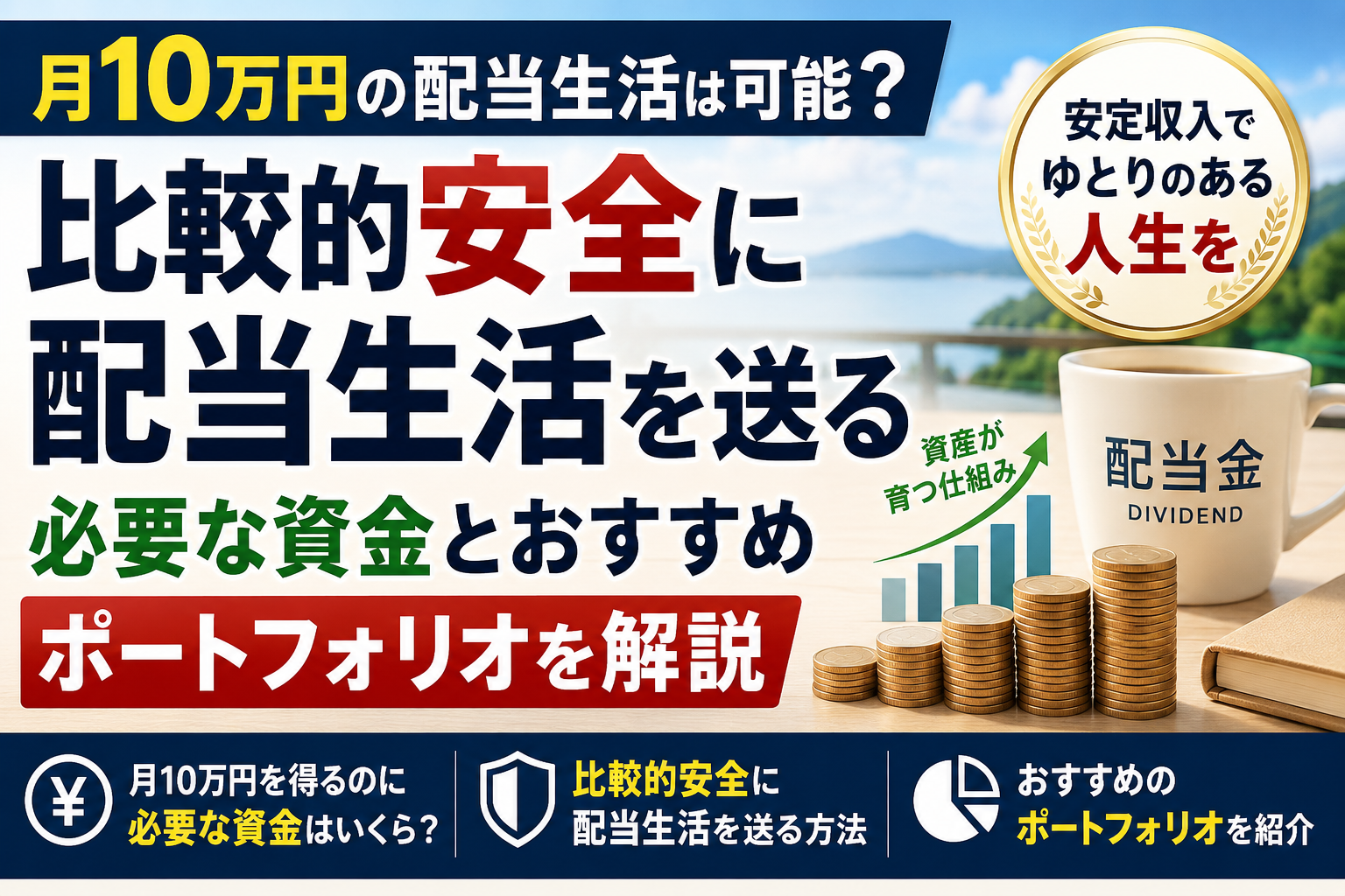 【月10万円の配当生活は可能？】比較的安全に配当生活を送る必要な資金とおすすめポートフォリオを解説